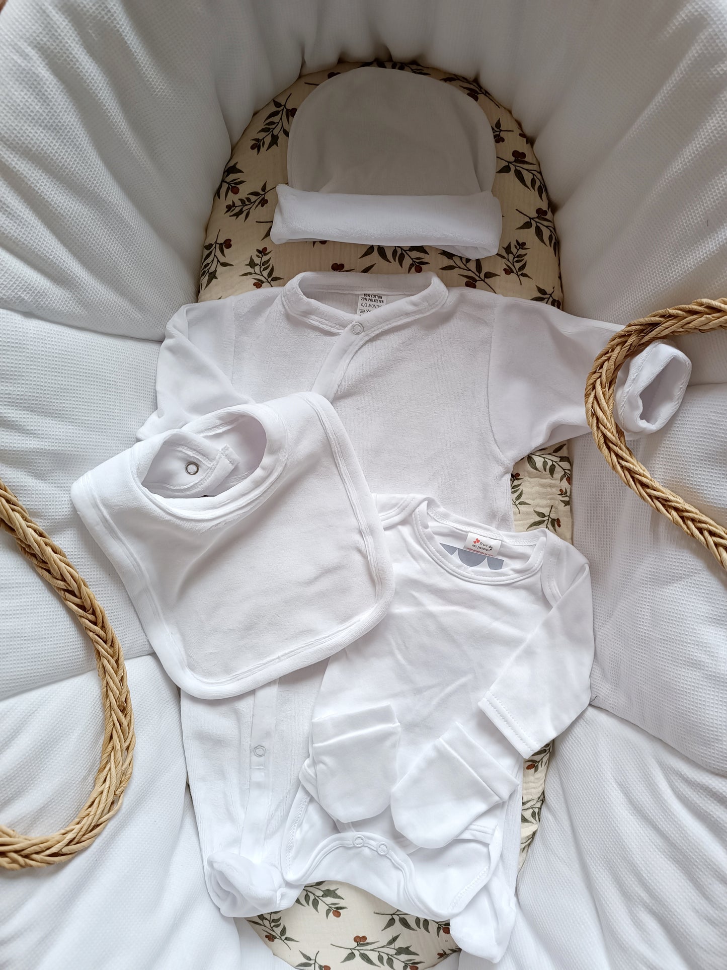 Ensemble pyjama velours naissance 0/3 mois 100% coton 5 pièces blanc