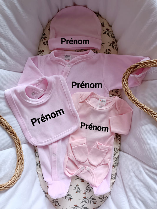 Ensemble pyjama velours naissance 0/3 mois 100% coton 5 pièces rose