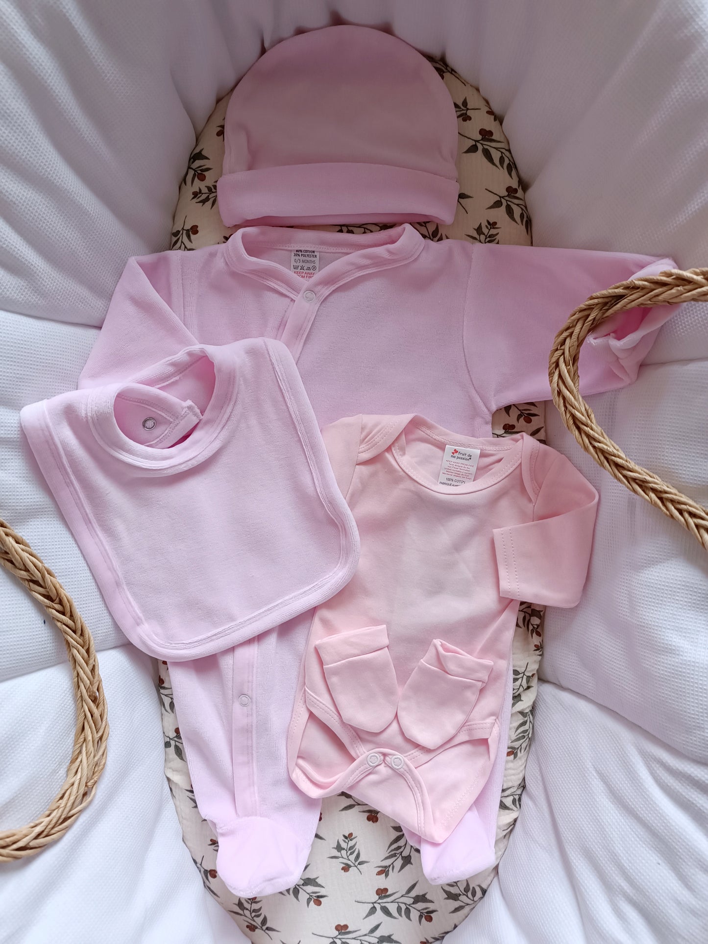 Ensemble pyjama velours naissance 0/3 mois 100% coton 5 pièces rose