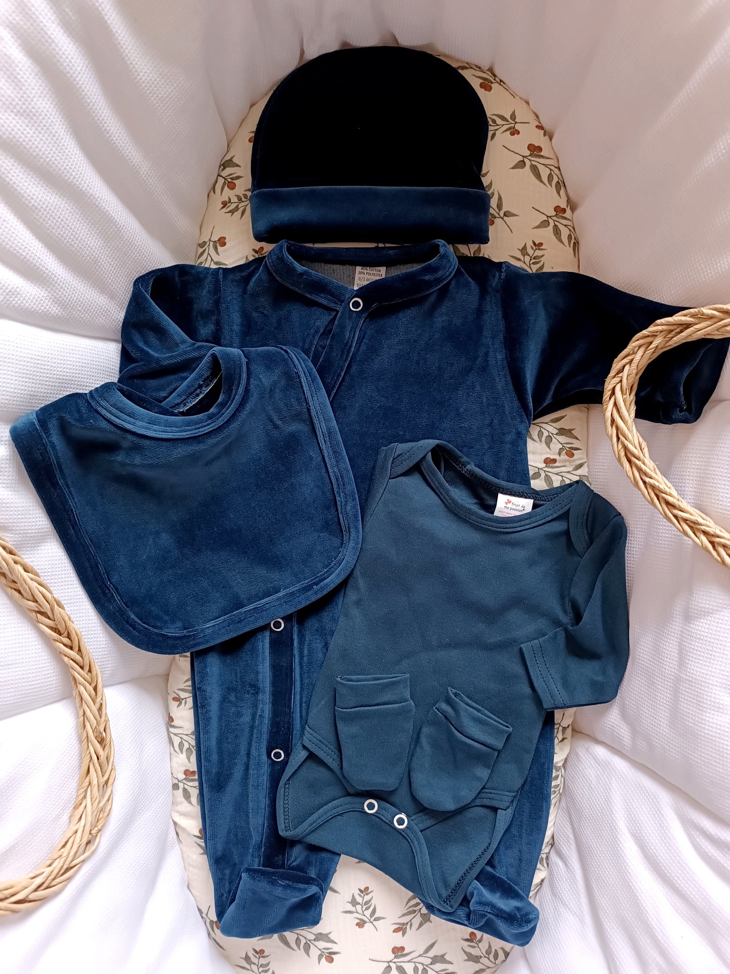 Ensemble pyjama velours naissance 0/3 mois 100% coton 5 pièces bleu marine