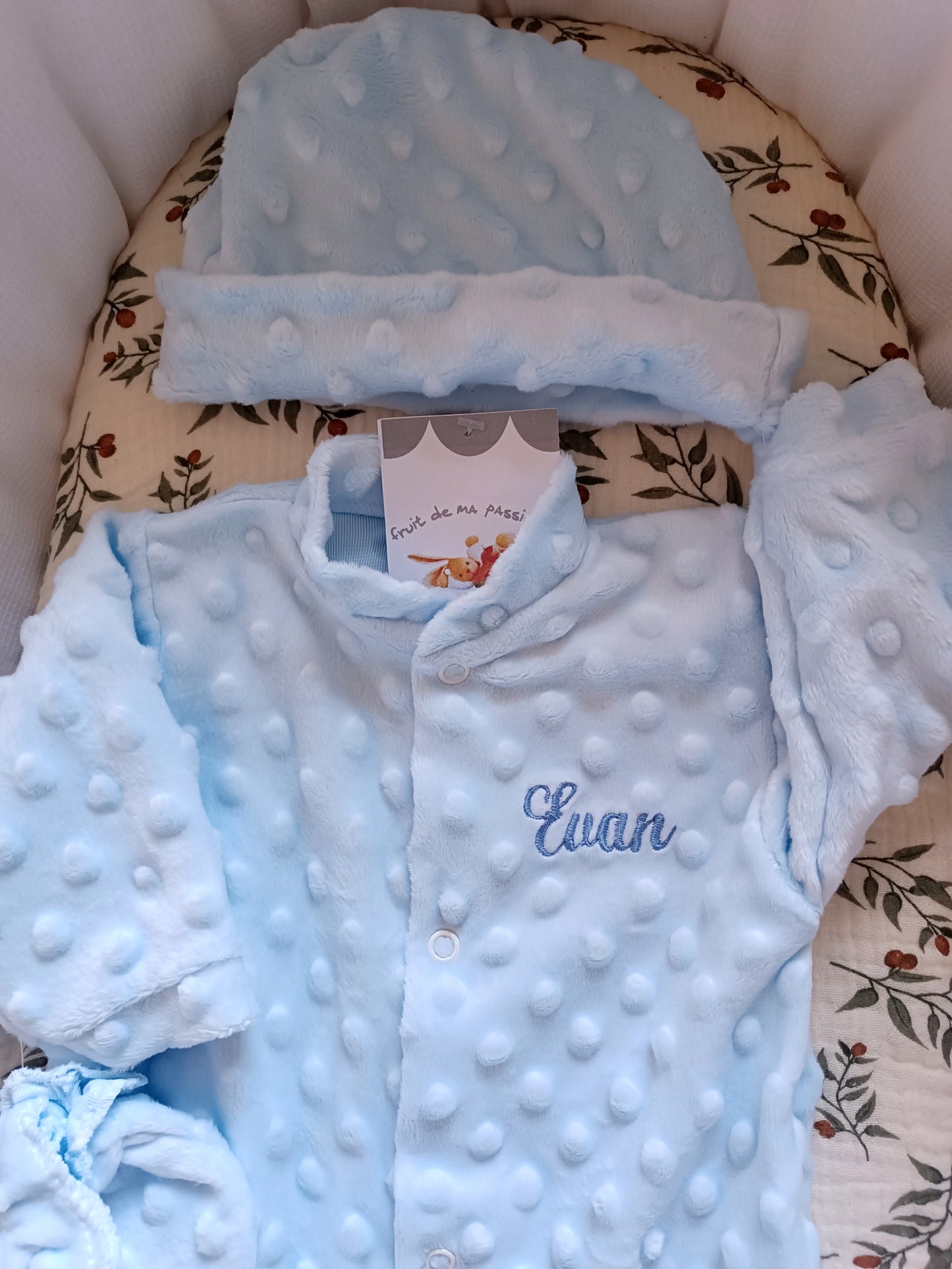 Ensemble naissance pyjama minky bleu ciel 0/3 mois