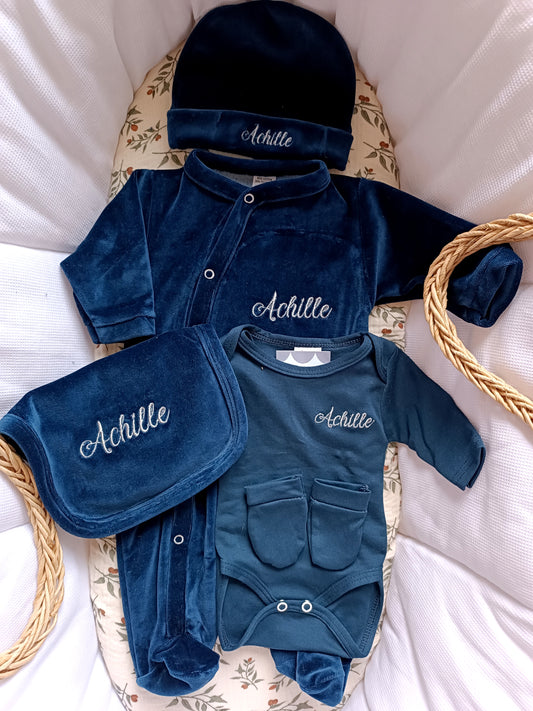 Ensemble pyjama velours naissance 0/3 mois 100% coton 5 pièces bleu marine