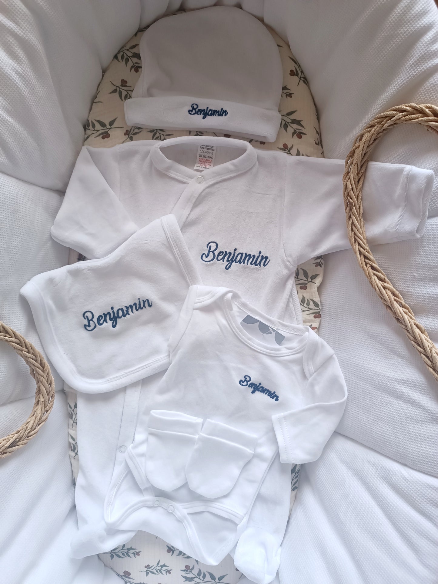 Ensemble pyjama velours naissance 0/3 mois 100% coton 5 pièces blanc