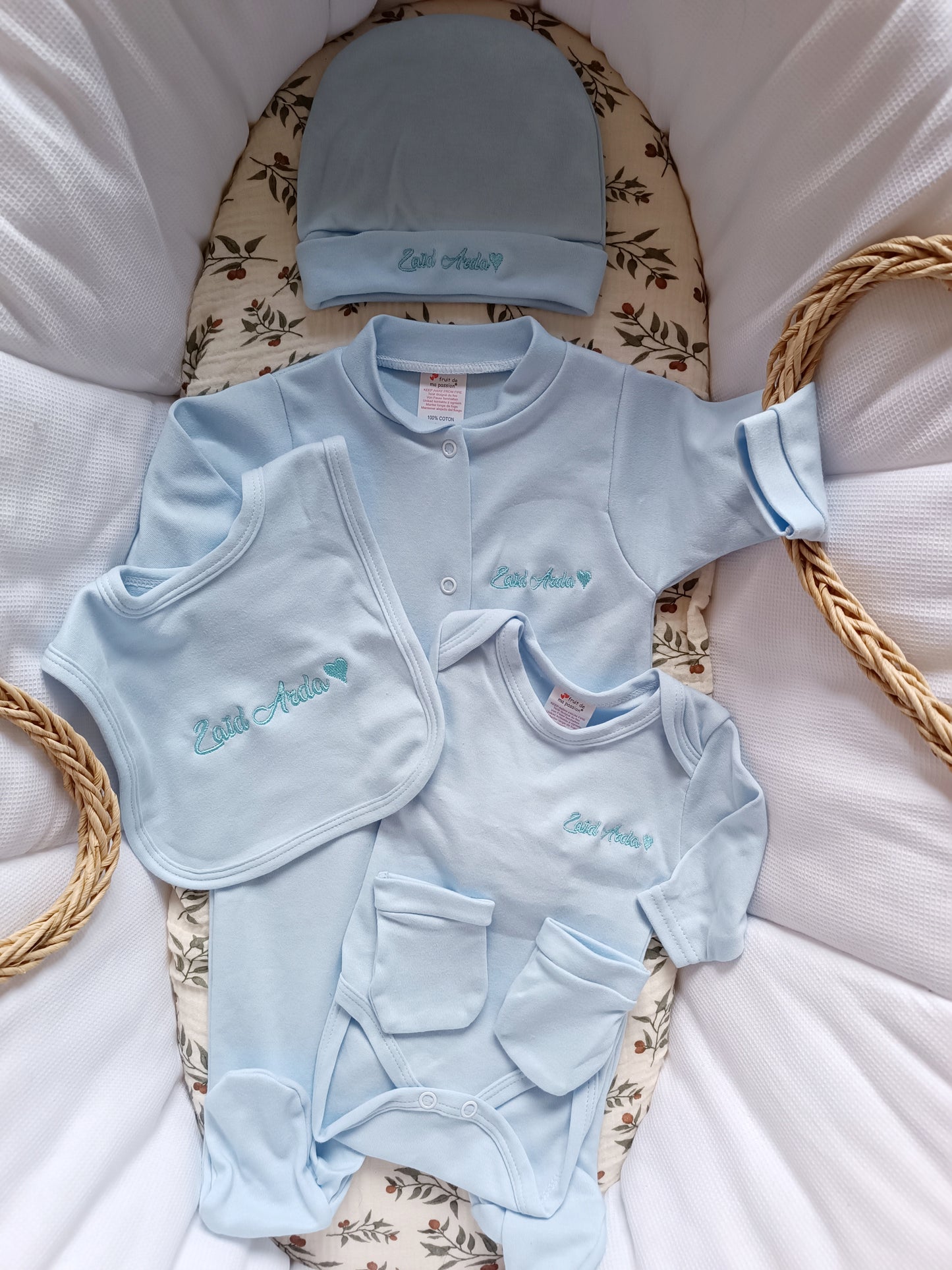 Ensemble pyjama naissance 0/3 mois 100% coton 5 pièces bleu ciel