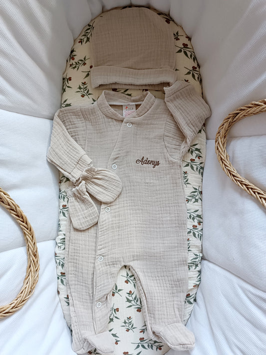 Ensemble complet pyjama en gaze de coton beige 0/3 mois