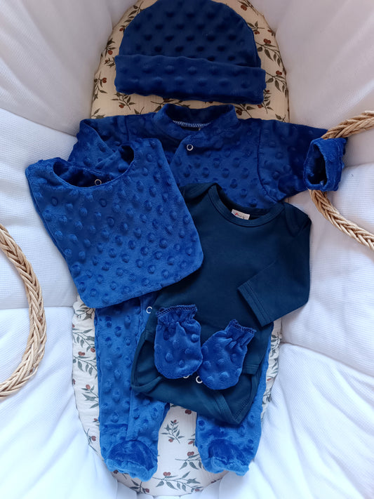 Ensemble pyjama minky naissance 0/3 mois - 5 pièces bleu marine