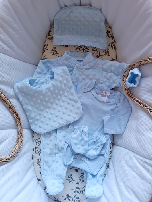 Ensemble pyjama minky naissance 0/3 mois - 5 pièces bleu ciel