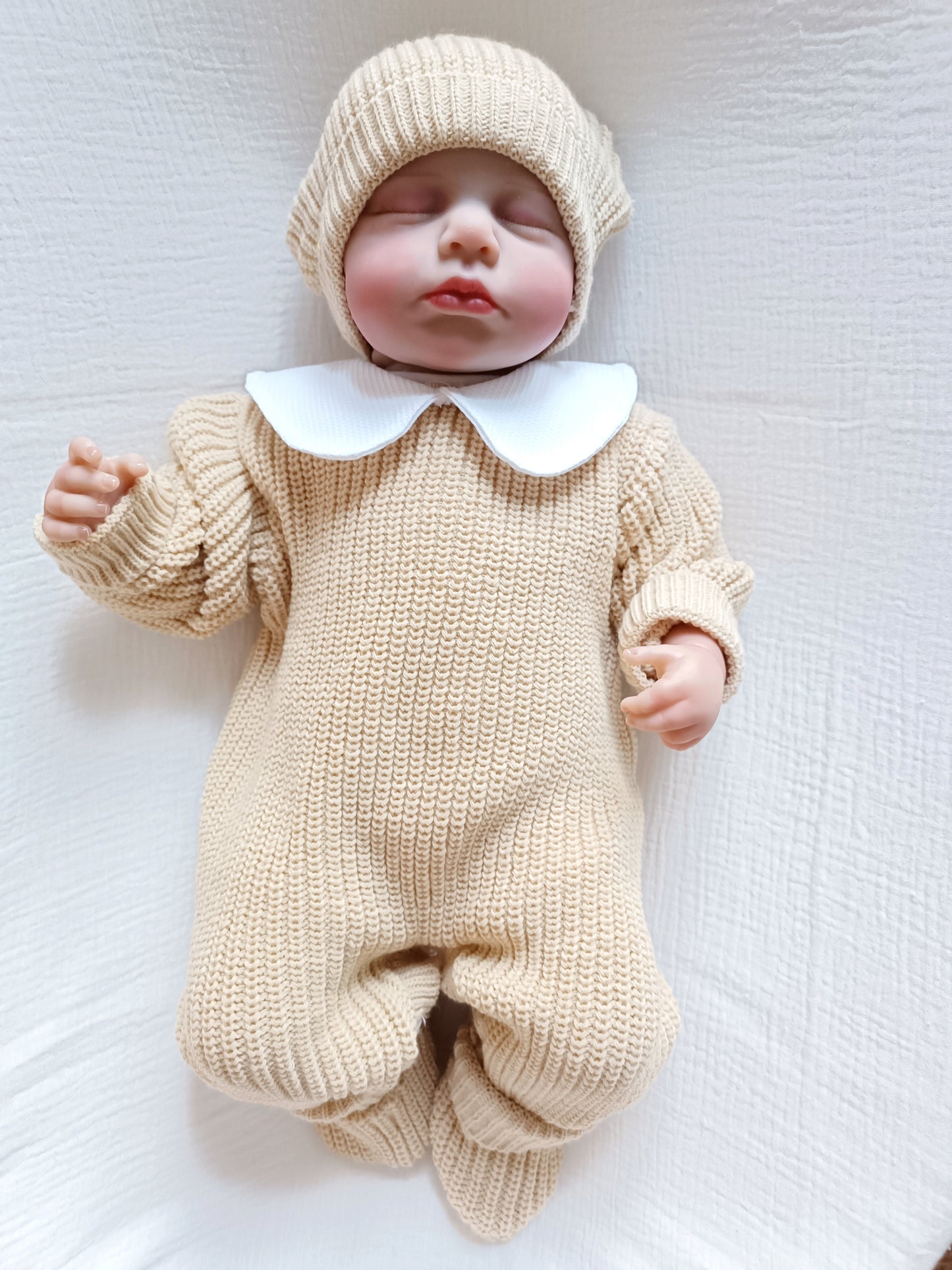 Ensemble combinaison maille beige foncé naissance 0/3 mois avec col  - personnalisable -