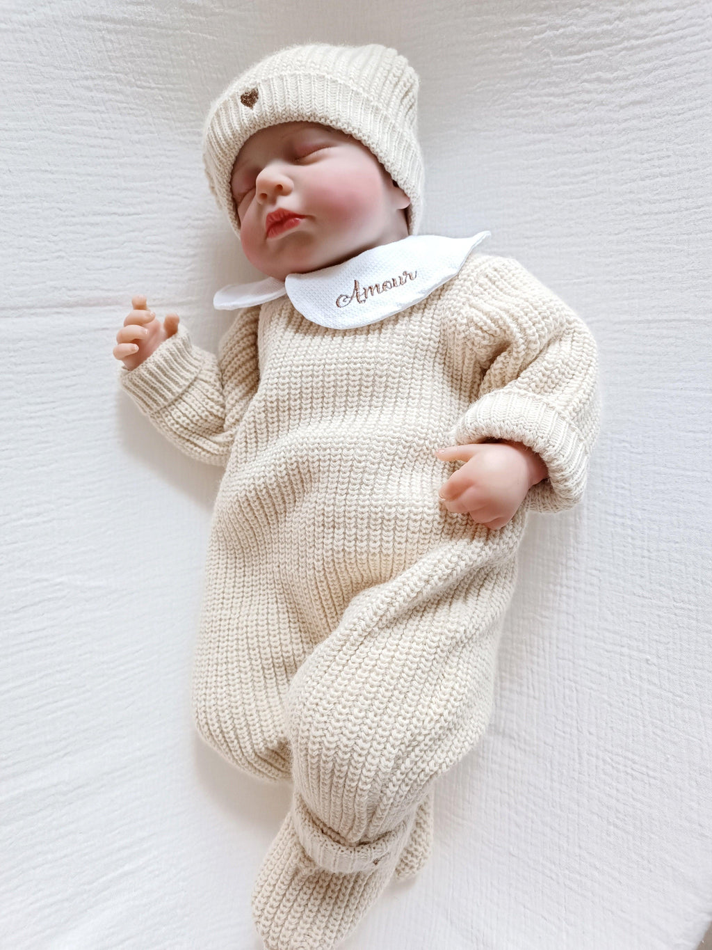 Combinaison maille beige, avec col, 0/3 mois, 3 pièces - personnalisable -