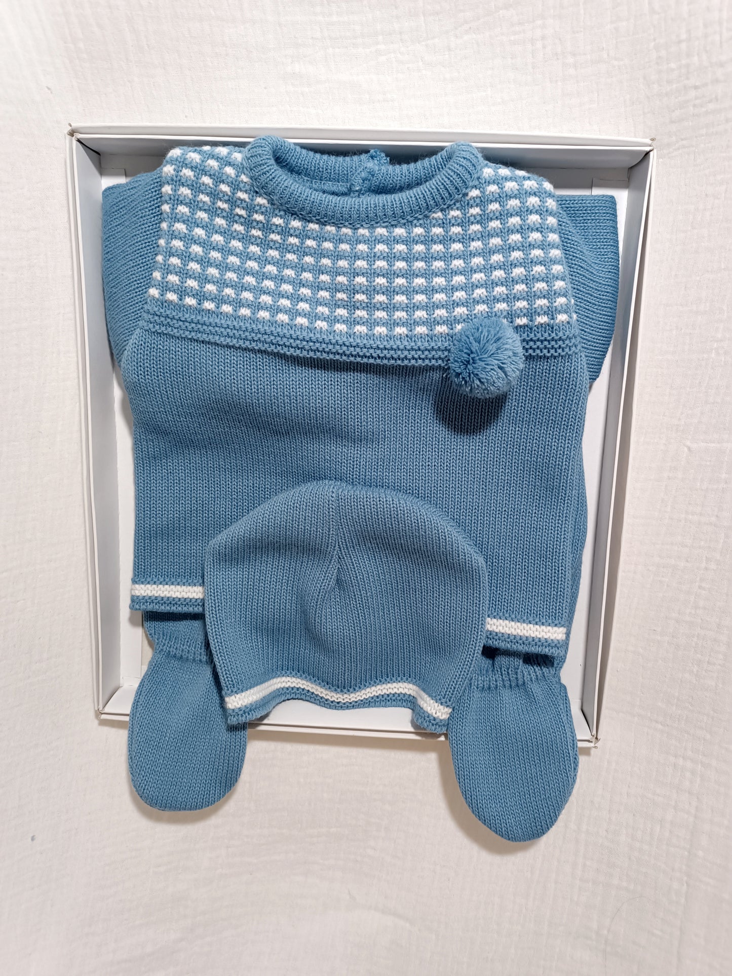 Coffret complet naissance bleu/denim avec pompom 0/3 mois