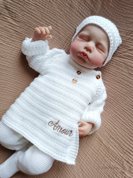 Ensemble naissance en maille blanc avec boutons marron - personnalisable -