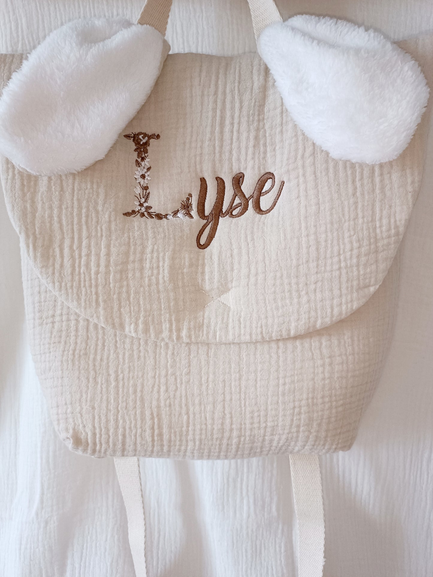 Sac à dos en gaze de coton beige avec oreilles blache - personnalisable -