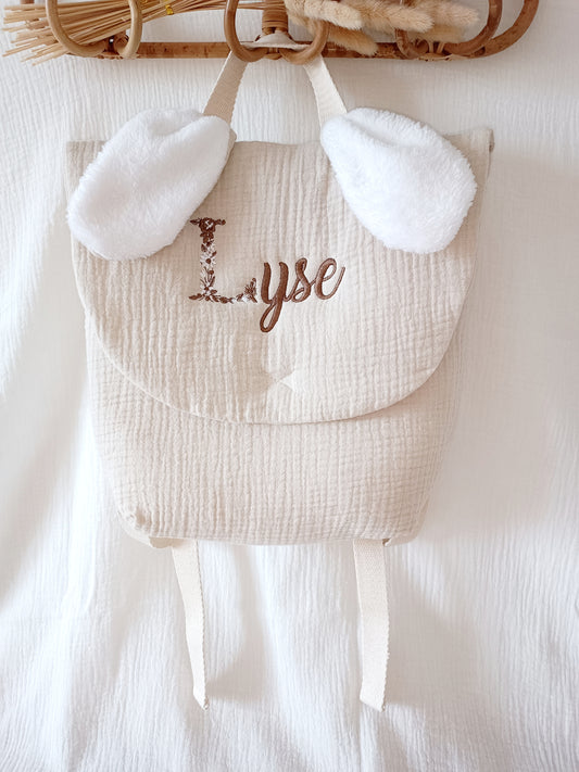 Sac à dos en gaze de coton beige avec oreilles blache - personnalisable -