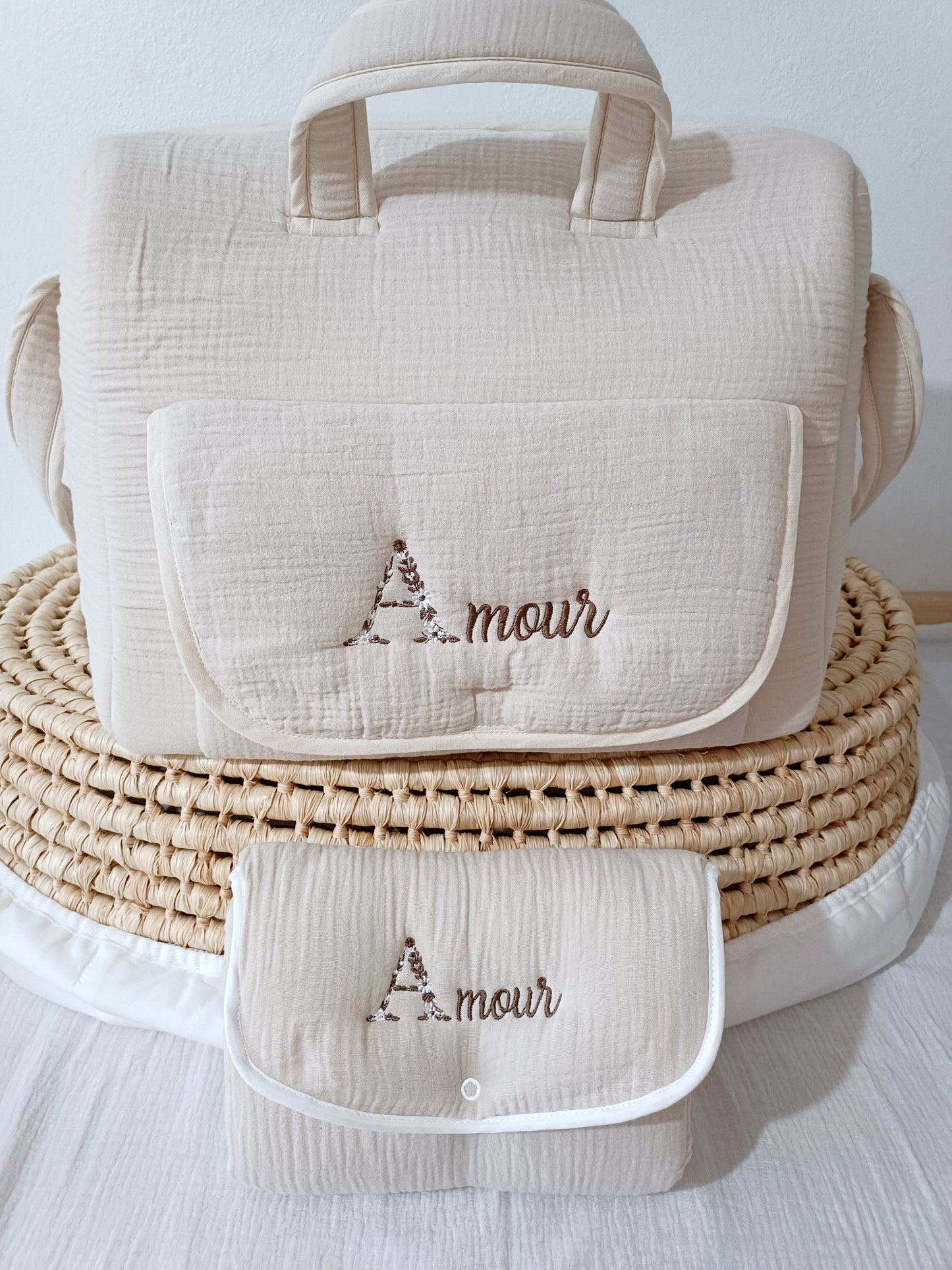 Sac à langer + tapis à langer beige en gaze de coton - personnalisable -