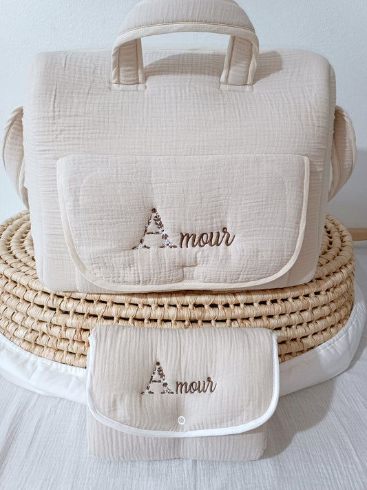 Sac à langer et son tapis à langer en gaze de coton beige - personnalisable -