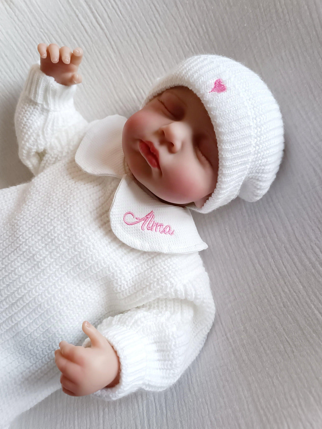 Combinaison maille blanc, avec col, 0/3 mois, 3 pièces - personnalisable -