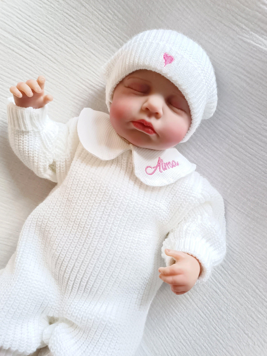 Combinaison maille blanc, avec col, 0/3 mois, 3 pièces - personnalisable -