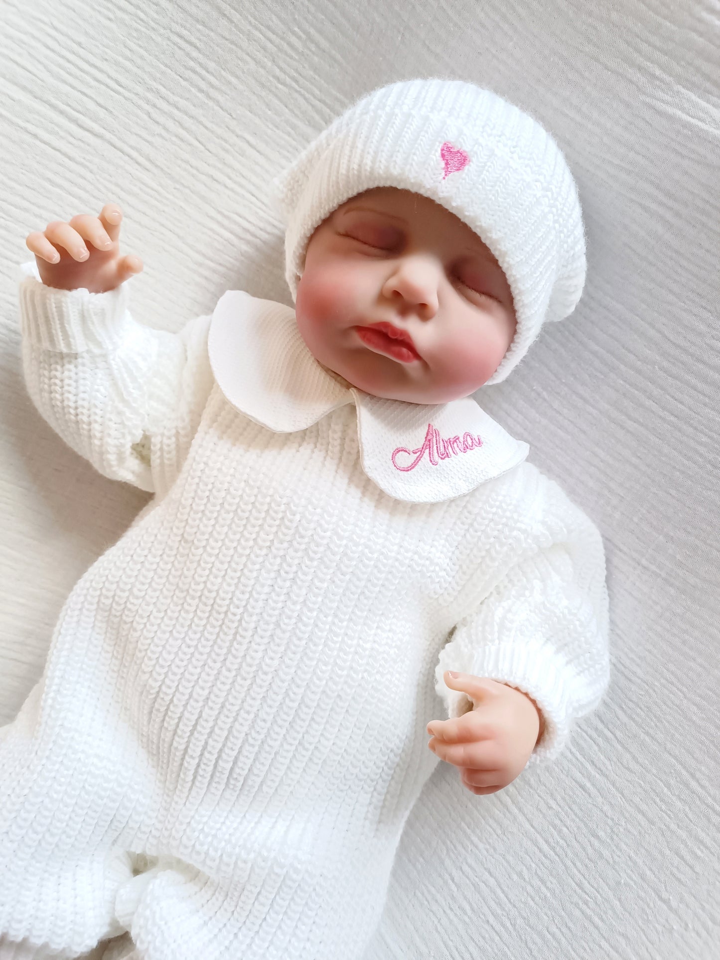 Ensemble combinaison maille blanc naissance 0/3 mois avec col  - personnalisable -