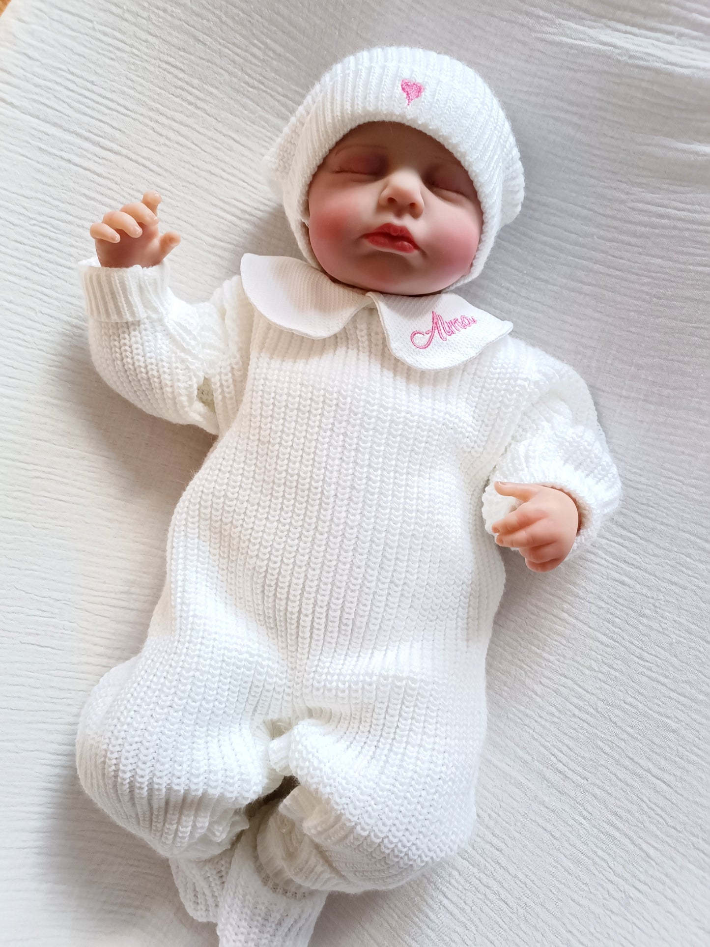 Ensemble combinaison maille blanc naissance 0/3 mois avec col  - personnalisable -