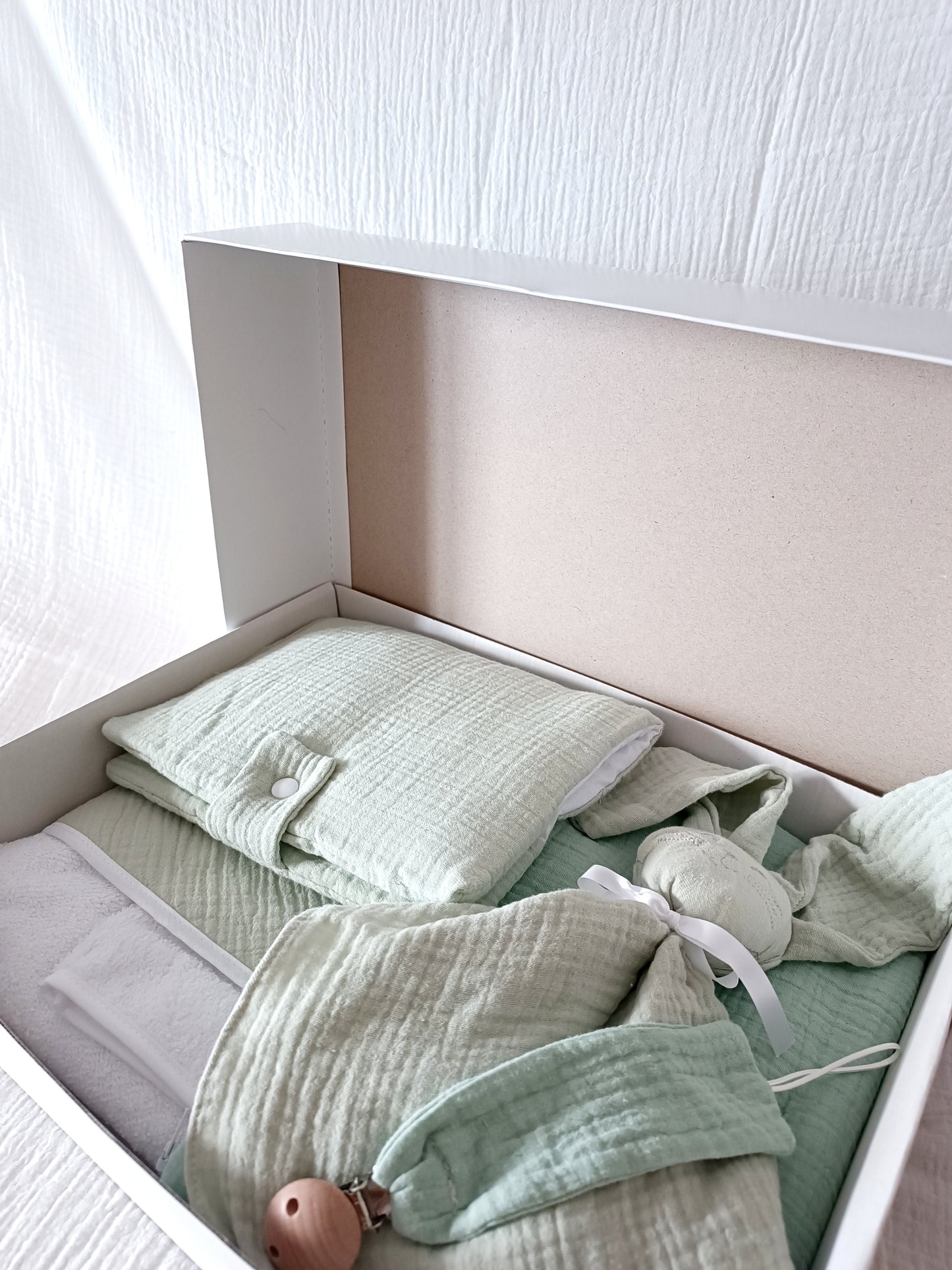 Box vert sauge en gaze de coton - personnalisable -