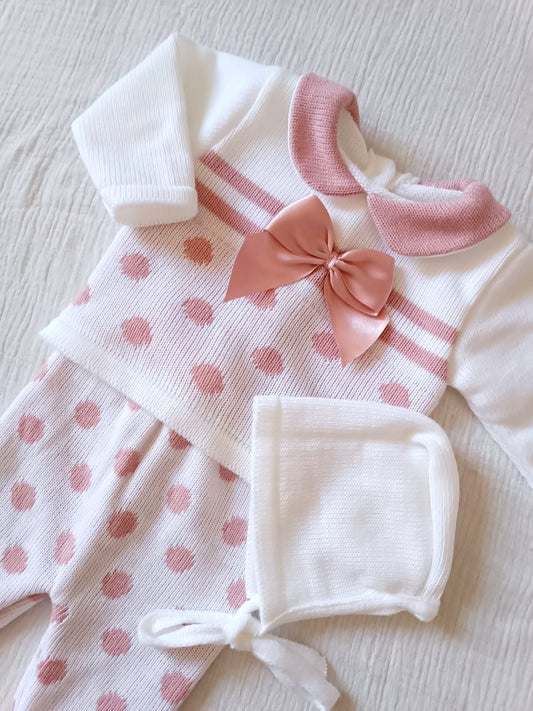 Ensemble complet naissance avec détails noeuds satiné - motifs pois 0/3 mois - personnalisable - plusieurs couleurs