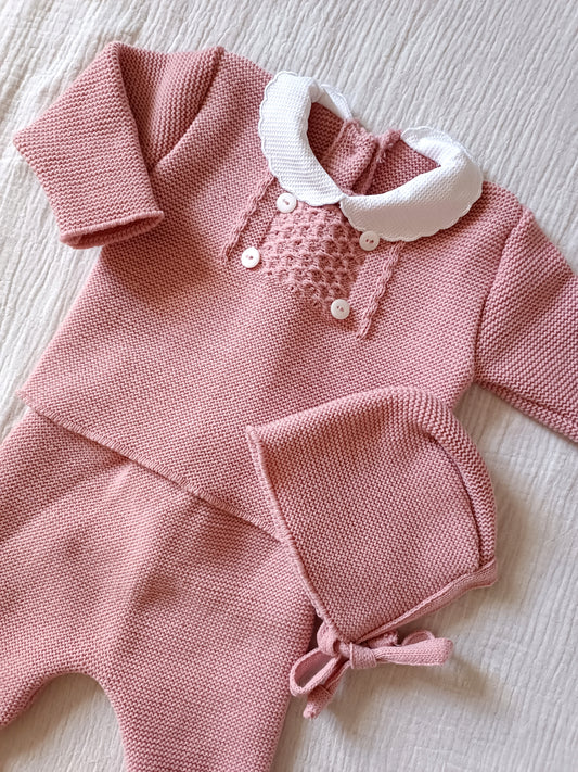 Ensemble complet naissance vieux rose avec col + petits boutons blanc 0/3 mois - personnalisable -