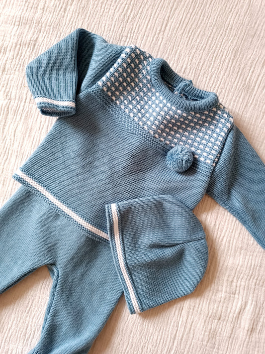 Ensemble complet naissance bleu/denim avec pompom 0/3 mois