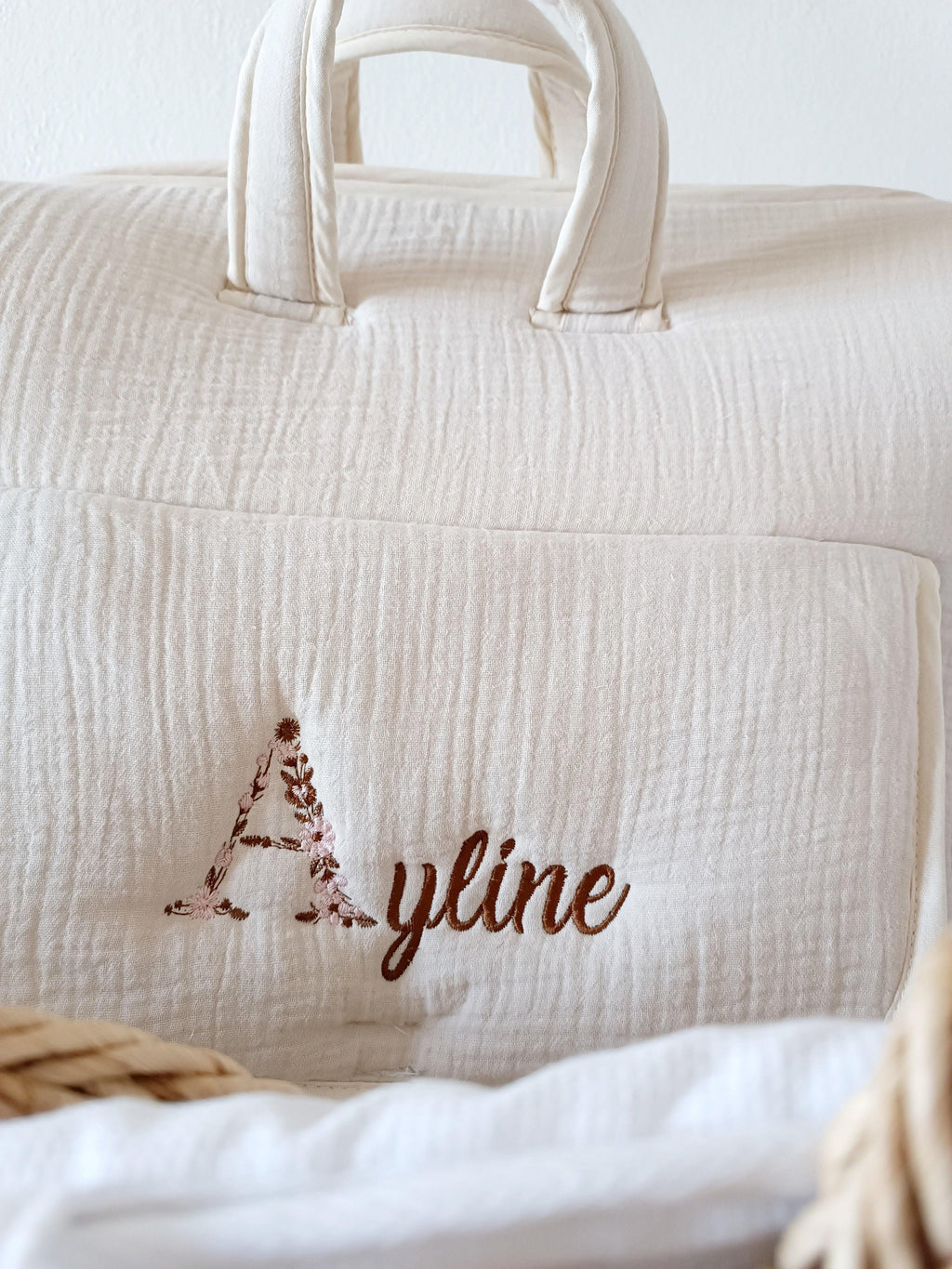 Sac à langer en gaze de coton beige - personnalisable -