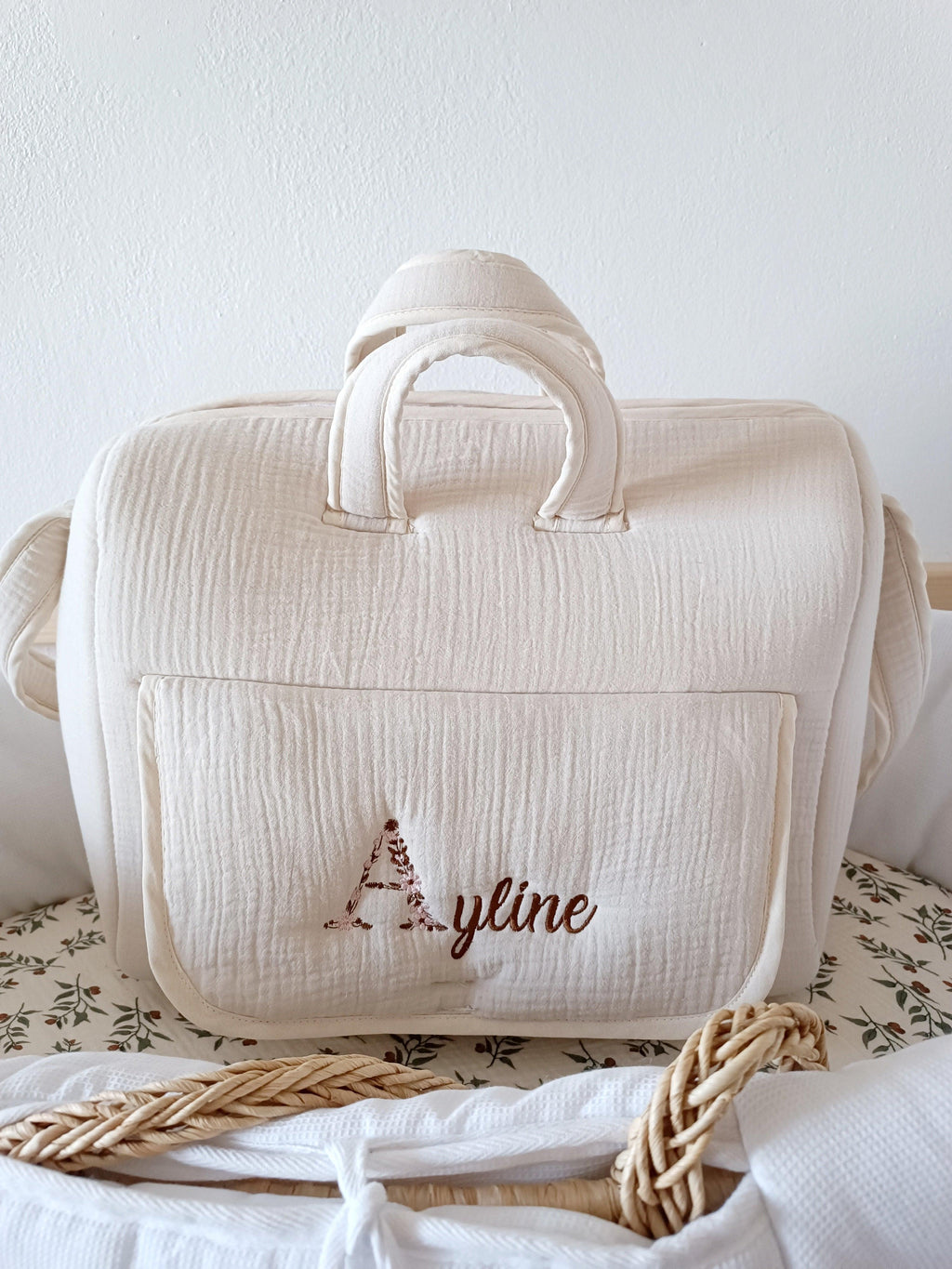 Sac à langer en gaze de coton beige - personnalisable -