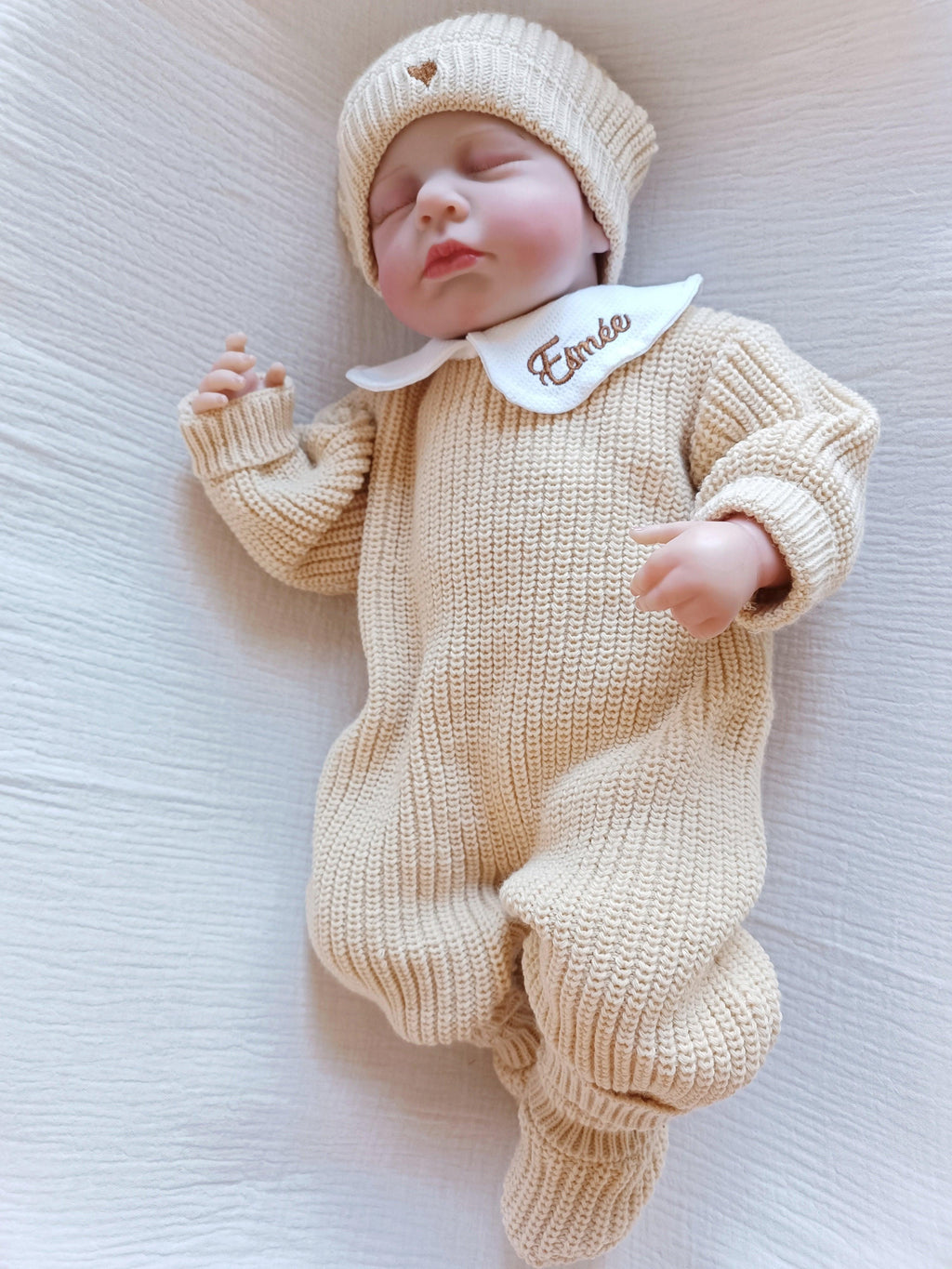 Combinaison maille beige foncé, avec col, 0/3 mois, 3 pièces - personnalisable -