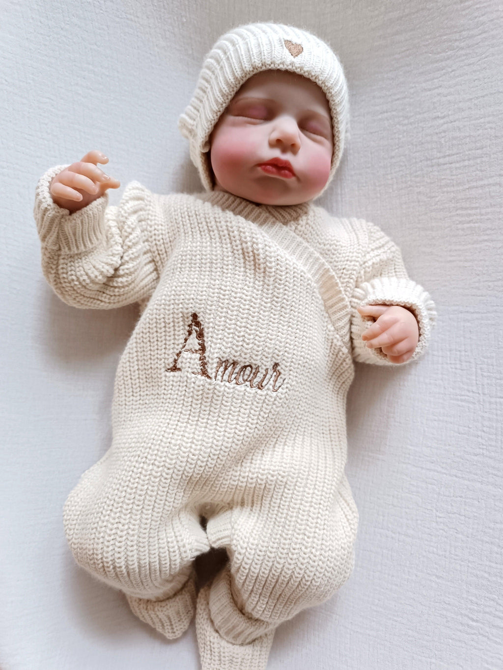 Combinaison maille beige, croisé, 0/3 mois, 3 pièces - personnalisable -