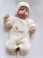 Combinaison maille beige, croisé, 0/3 mois, 3 pièces - personnalisable -