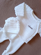 Ensemble naissance maille blanc à boutons blanc 0/3 mois - personnalisable -