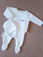 Ensemble naissance maille blanc à boutons blanc 0/3 mois - personnalisable -