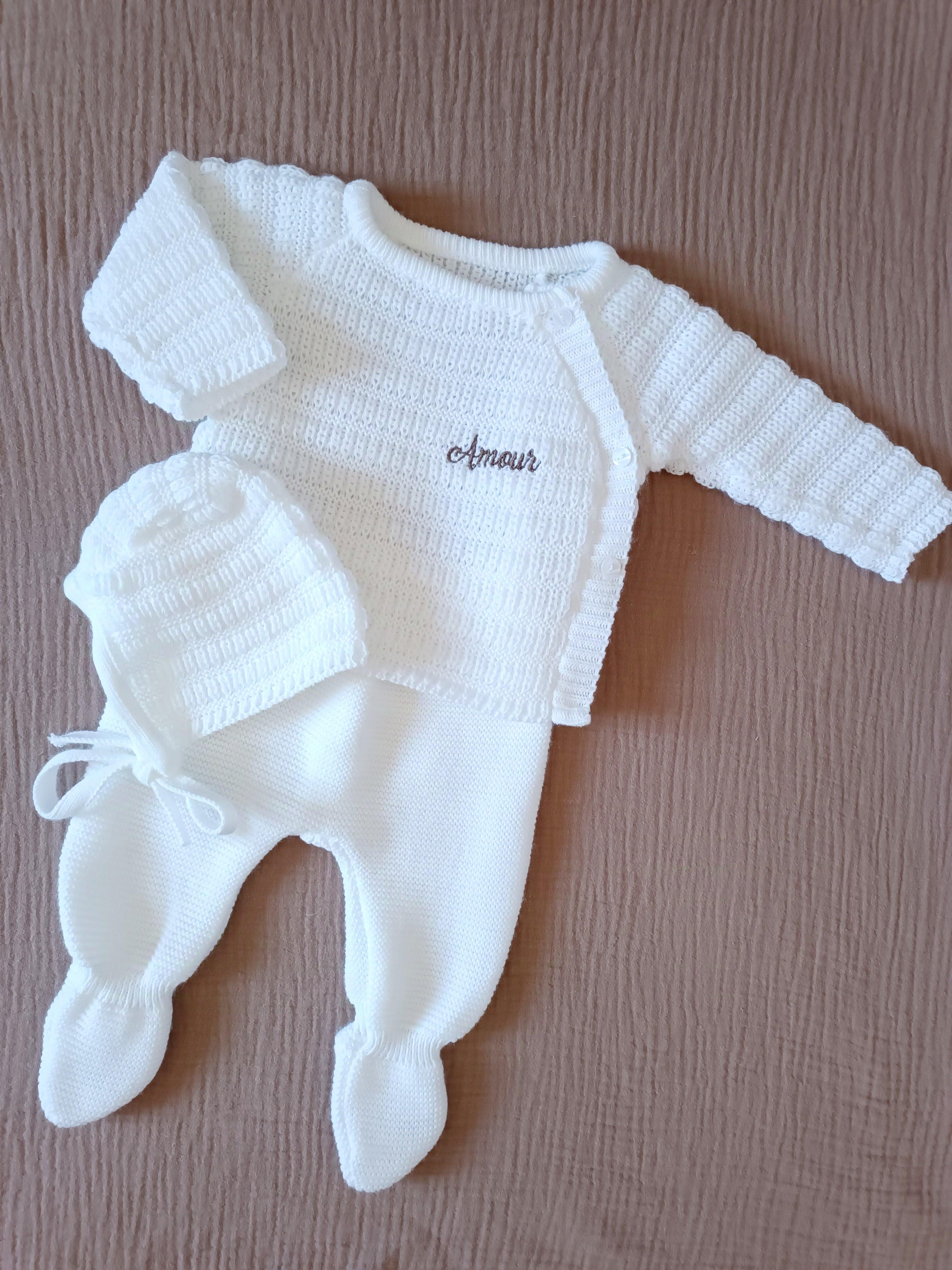 Ensemble naissance maille blanc à boutons blanc 0/3 mois - personnalisable -