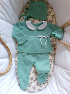 Ensemble complet naissance vert avec détails lacet blanc 0/3 mois