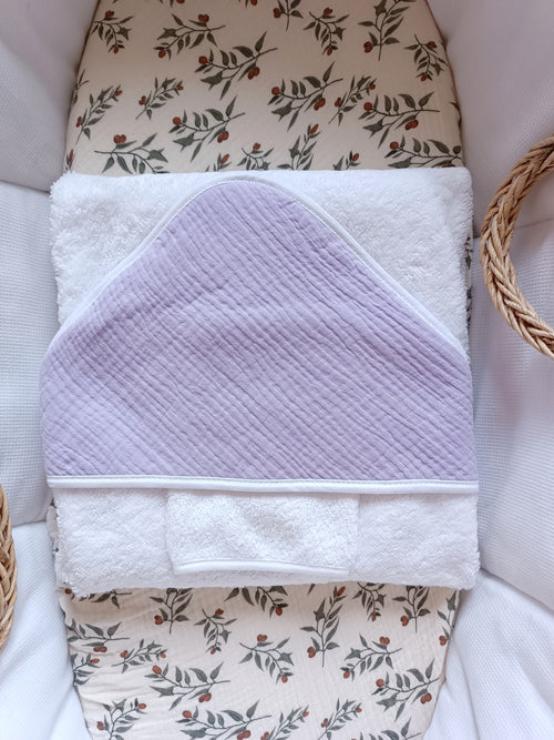 Cape de bain en gaze de coton lila - personnalisable -