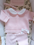 Ensemble complet naissance rose avec détails noeud blanc 0/3 mois
