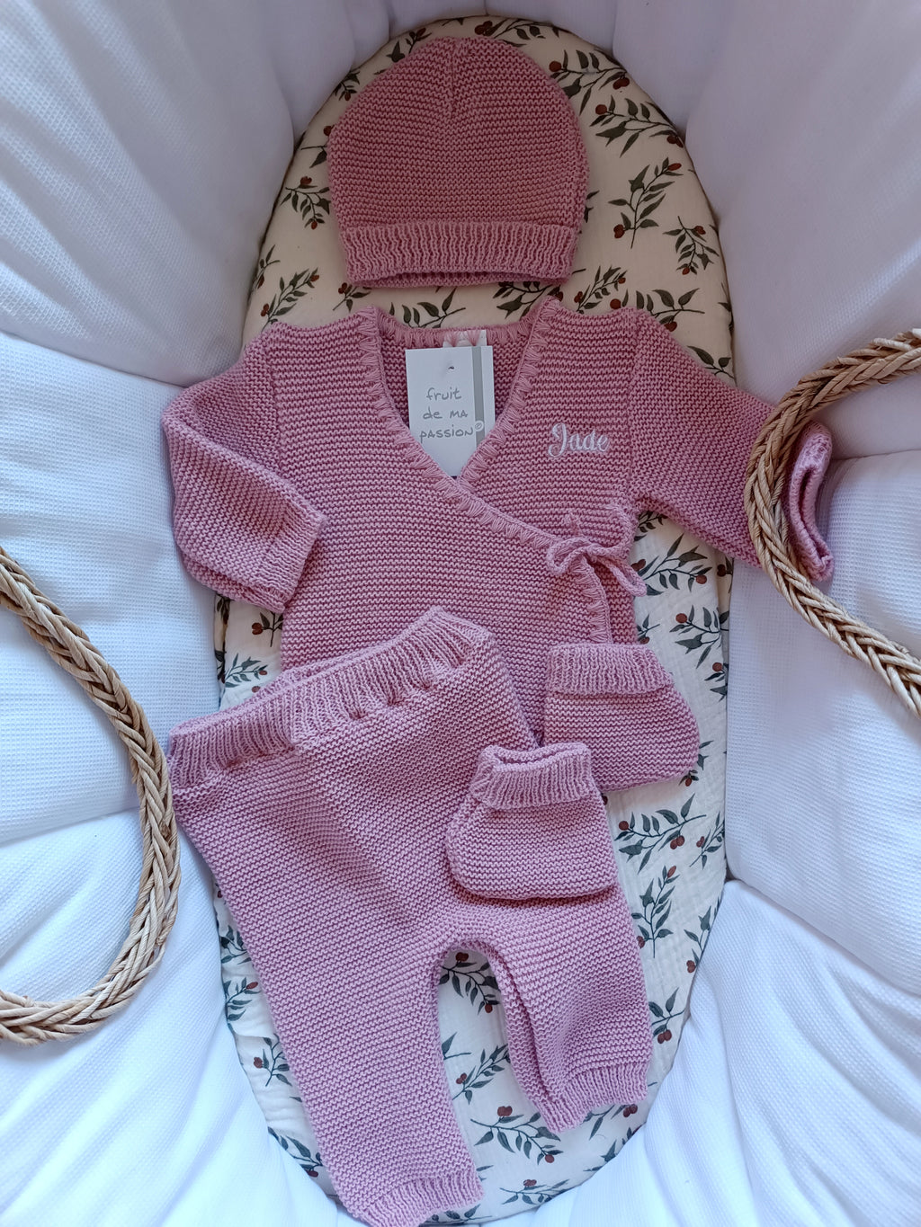 Tenue naissance 0/3 mois en maille vieux rose - personnalisable