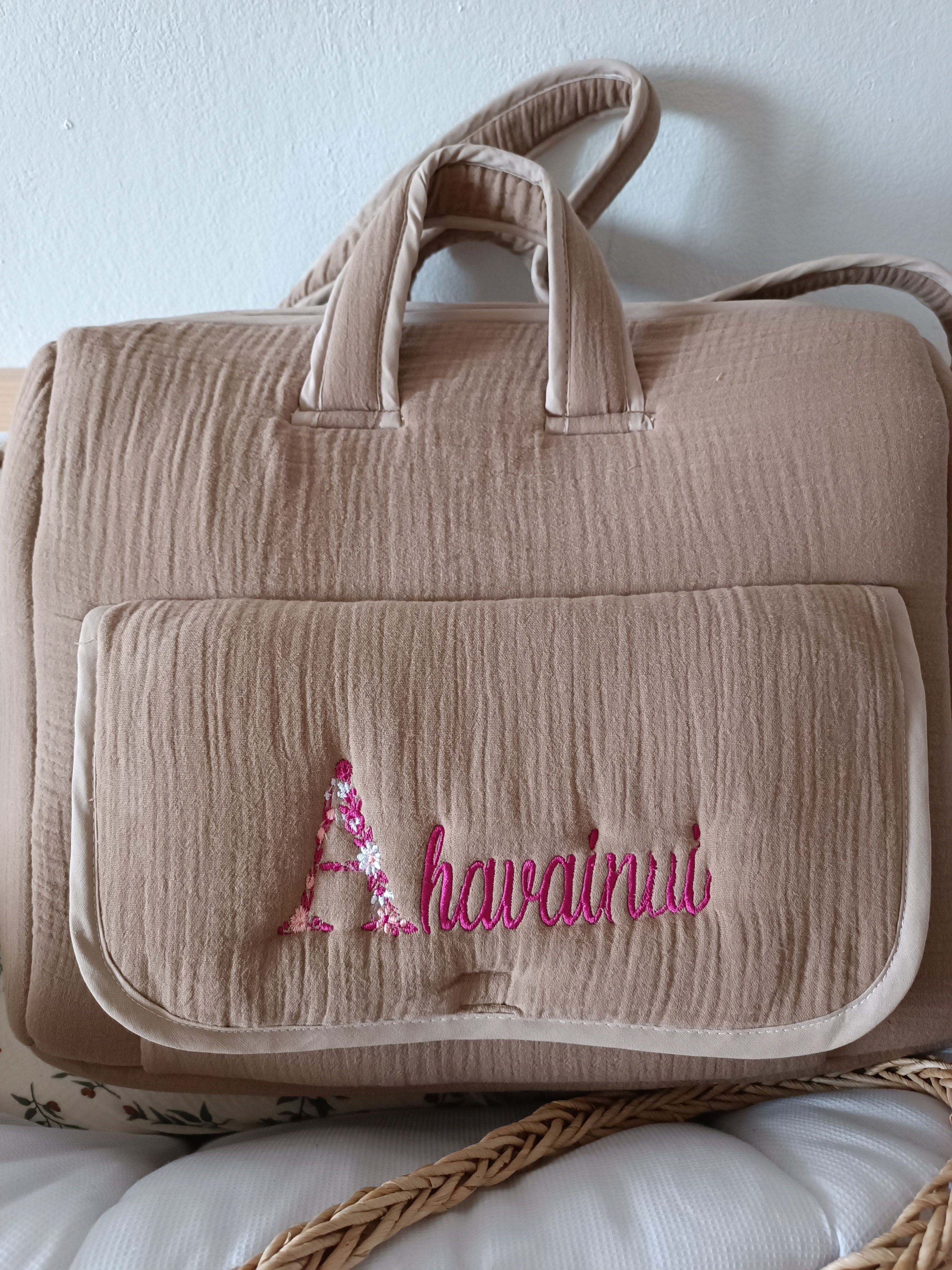 Sac à langer en gaze de coton marron - personnalisable -