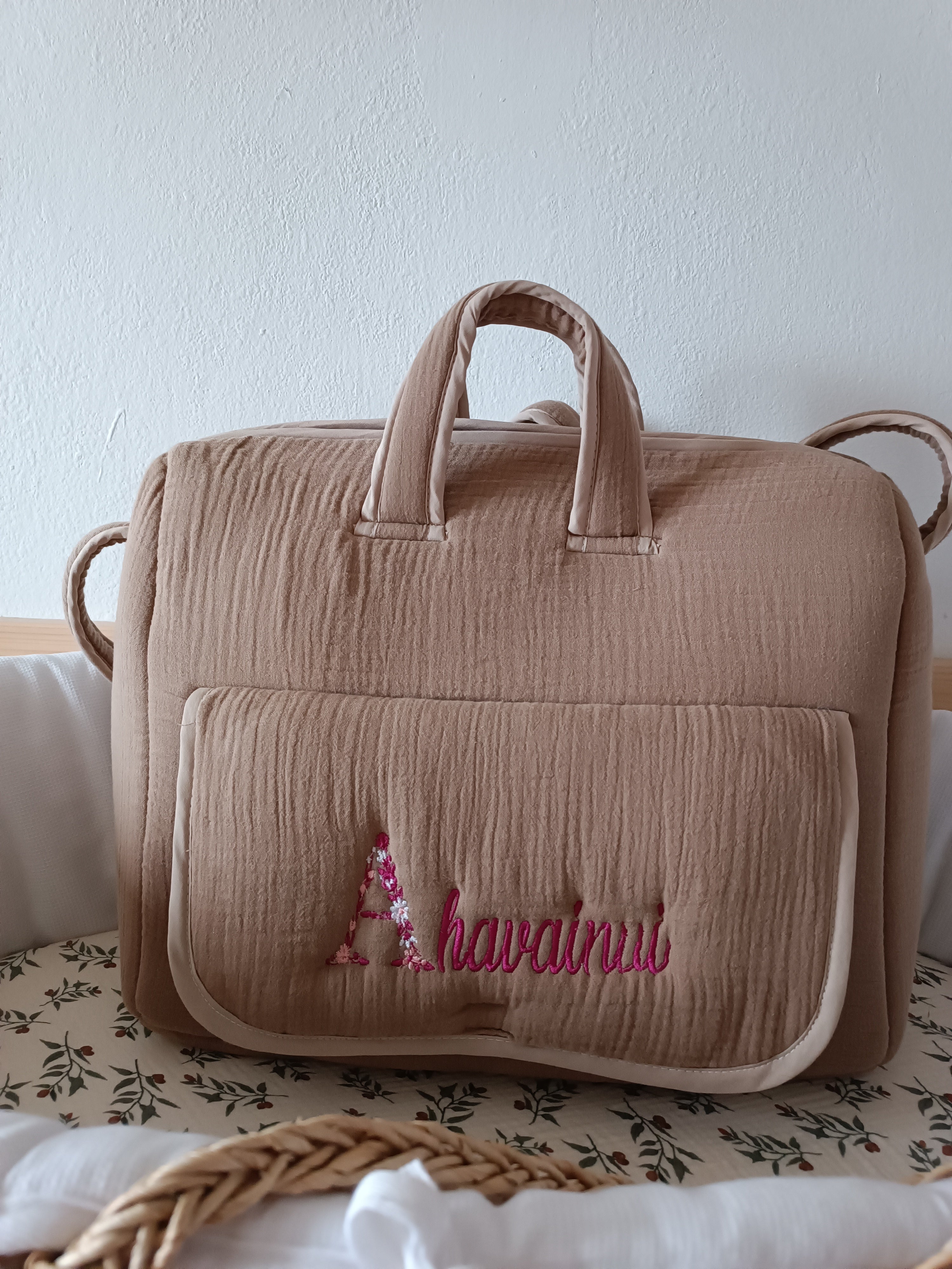 Sac à langer en gaze de coton marron - personnalisable -