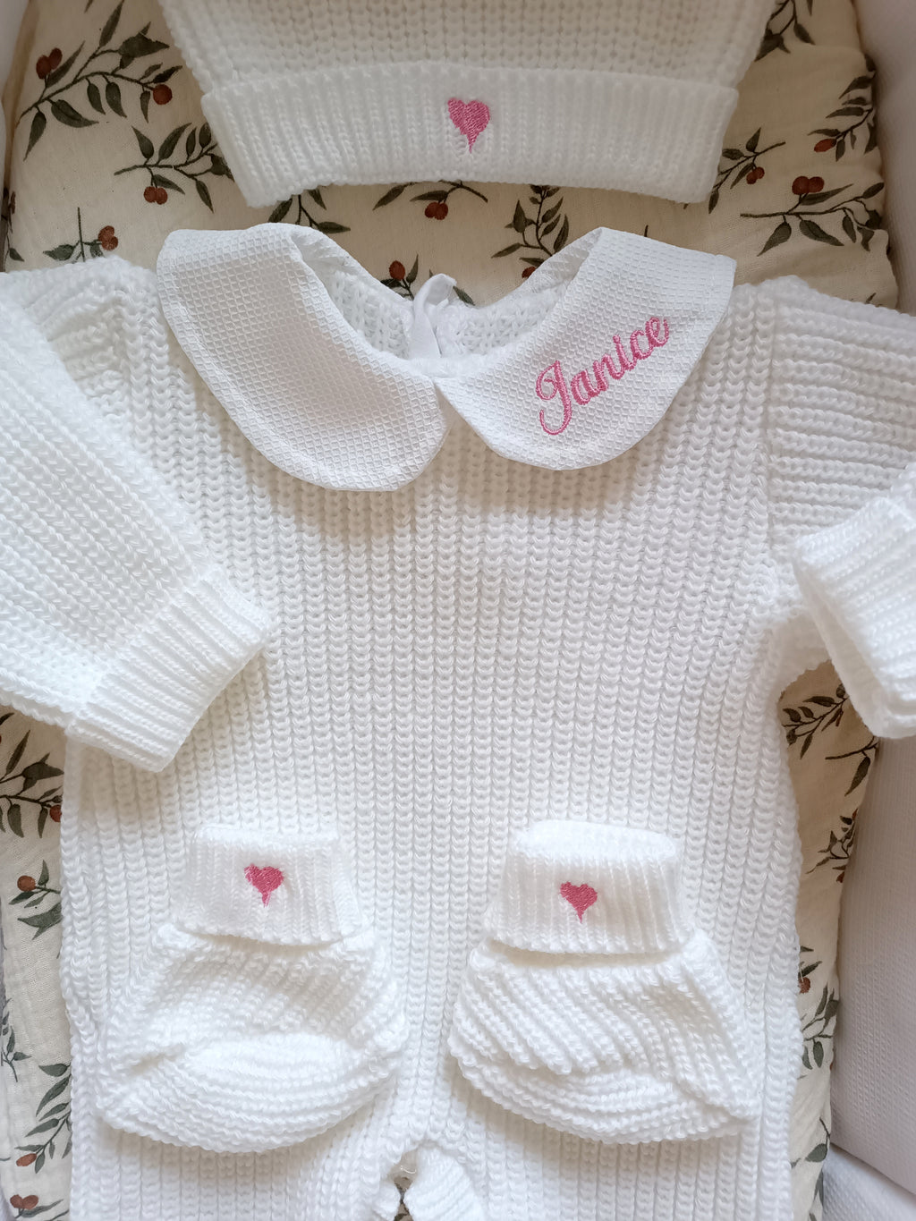 Combinaison maille blanc, avec col, 0/3 mois, 3 pièces - personnalisable -