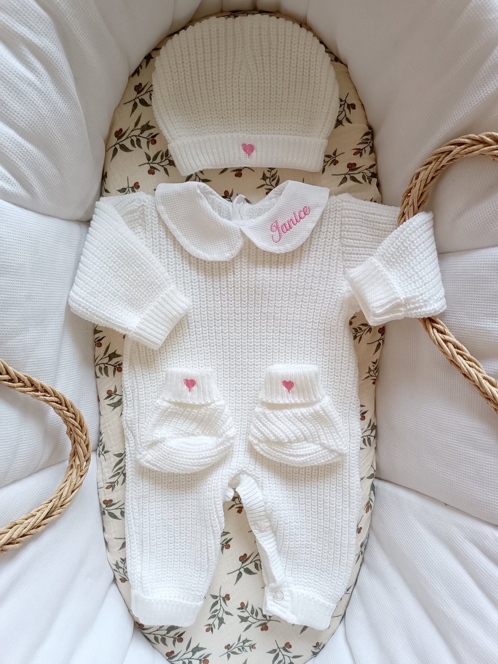 Combinaison maille blanc, avec col, 0/3 mois, 3 pièces - personnalisable -