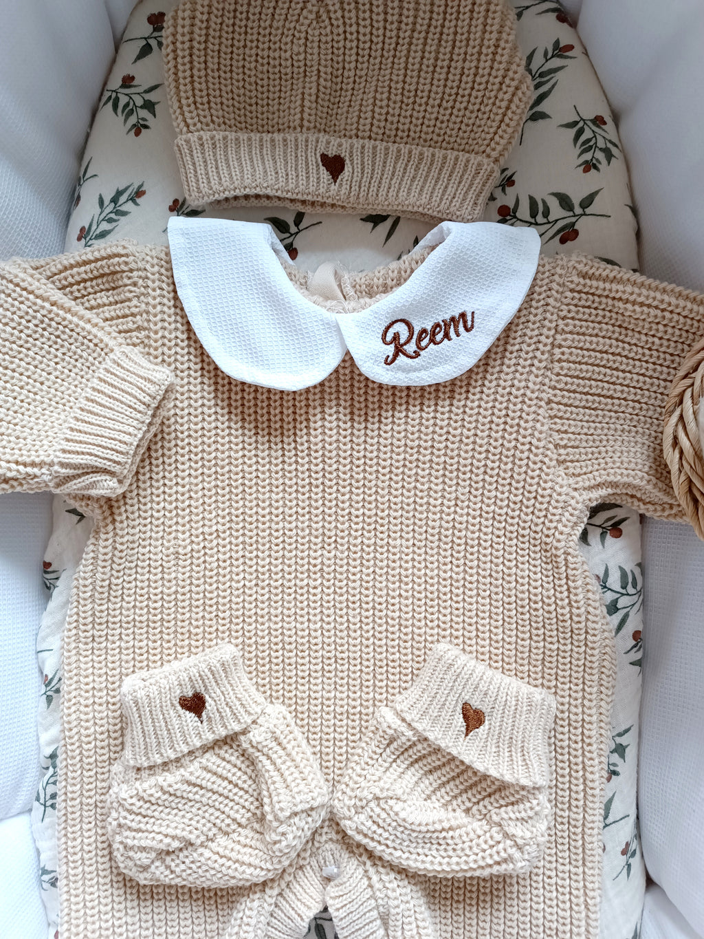 Combinaison maille beige foncé, avec col, 0/3 mois, 3 pièces - personnalisable -