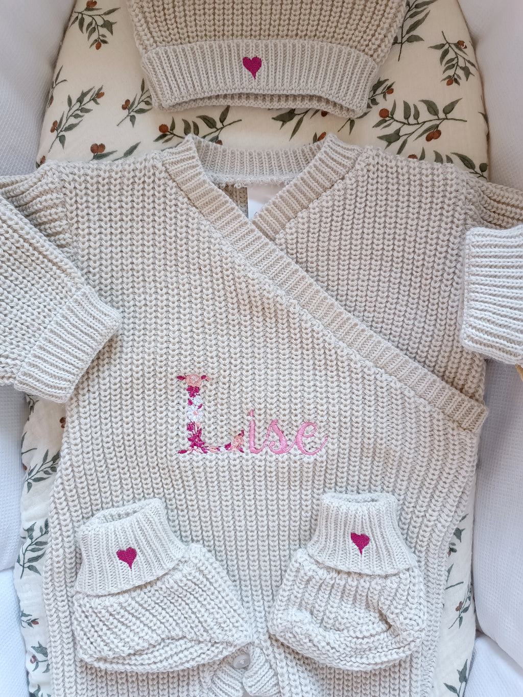 Combinaison maille beige, croisé, 0/3 mois, 3 pièces - personnalisable -