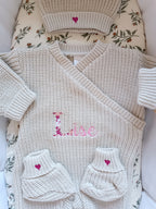 Combinaison maille beige, croisé, 0/3 mois, 3 pièces - personnalisable -