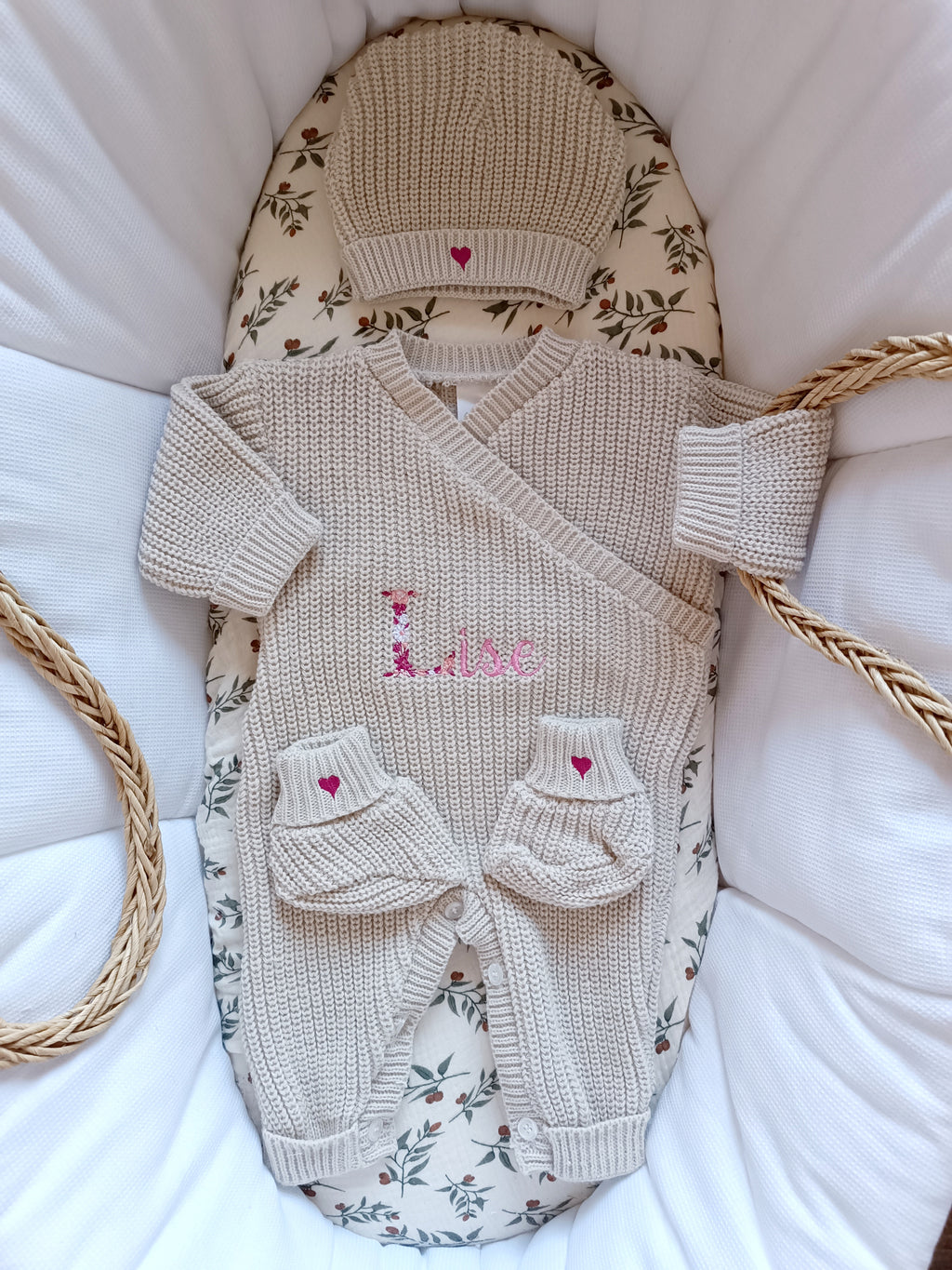 Combinaison maille beige, croisé, 0/3 mois, 3 pièces - personnalisable -
