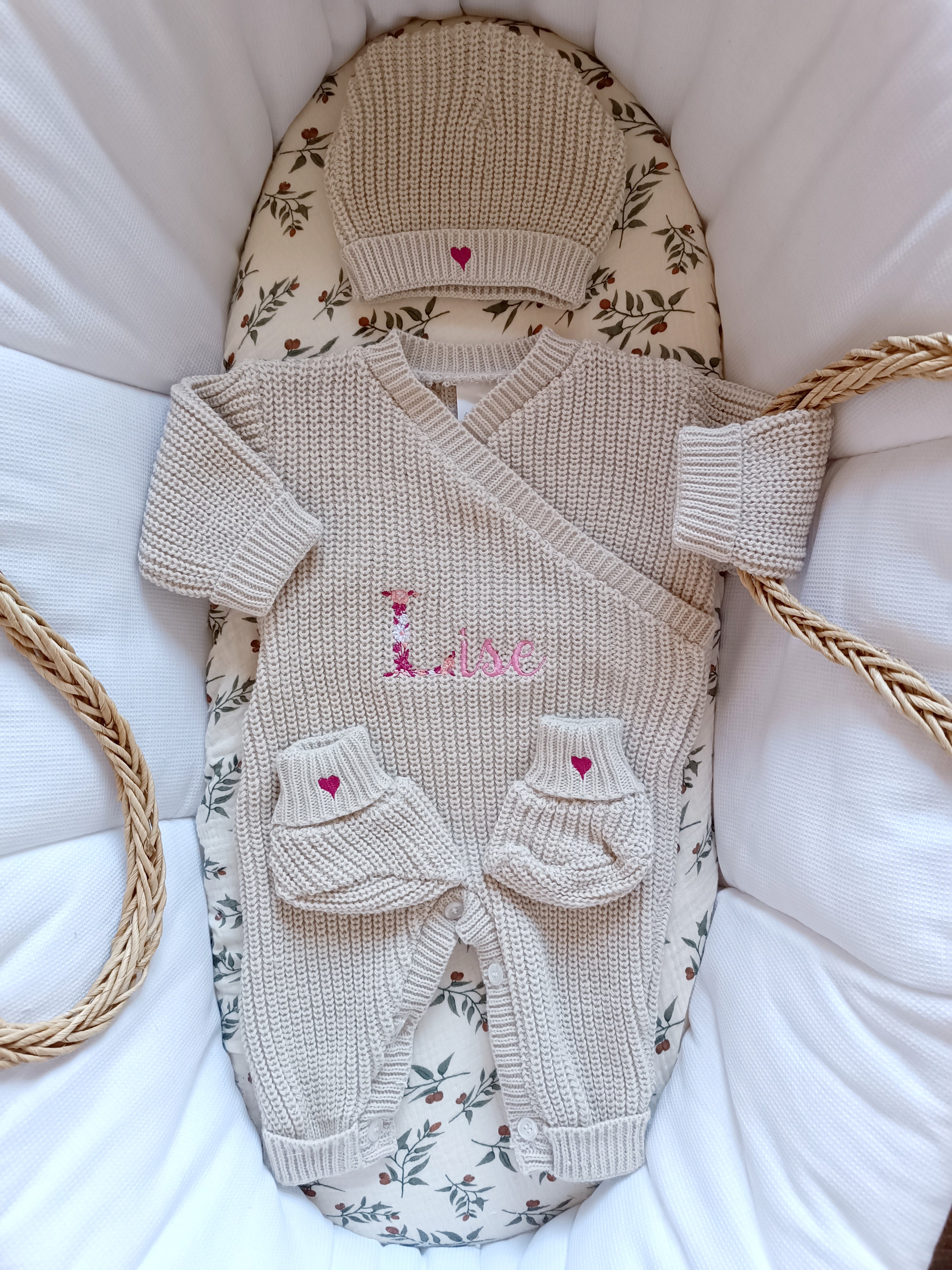 Combinaison maille beige, croisé, 0/3 mois, 3 pièces - personnalisable -