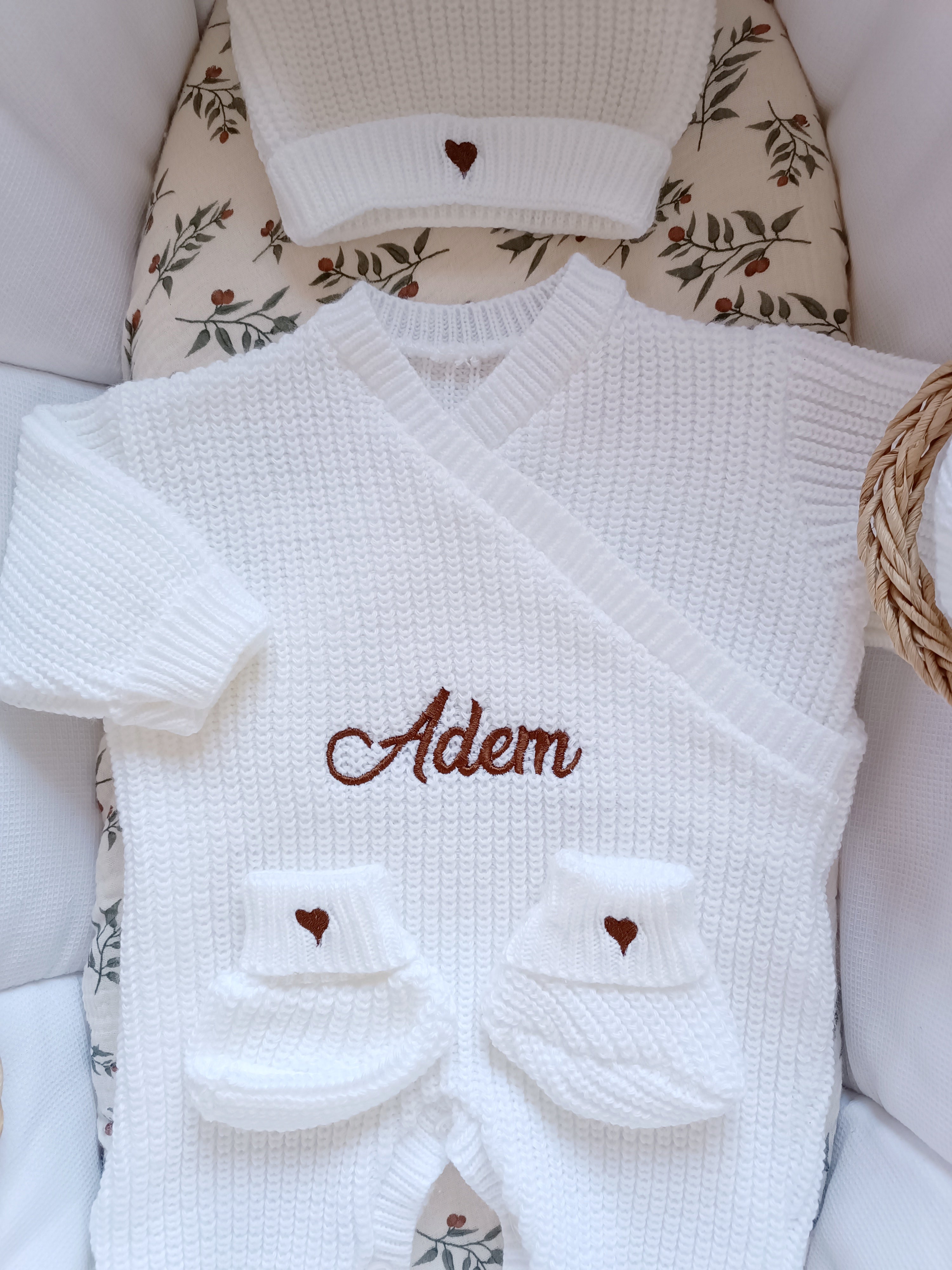 Combinaison maille blanc, croisé, 0/3 mois, 3 pièces - personnalisable -