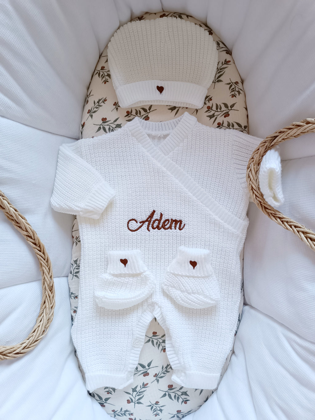 Combinaison maille blanc, croisé, 0/3 mois, 3 pièces - personnalisable -